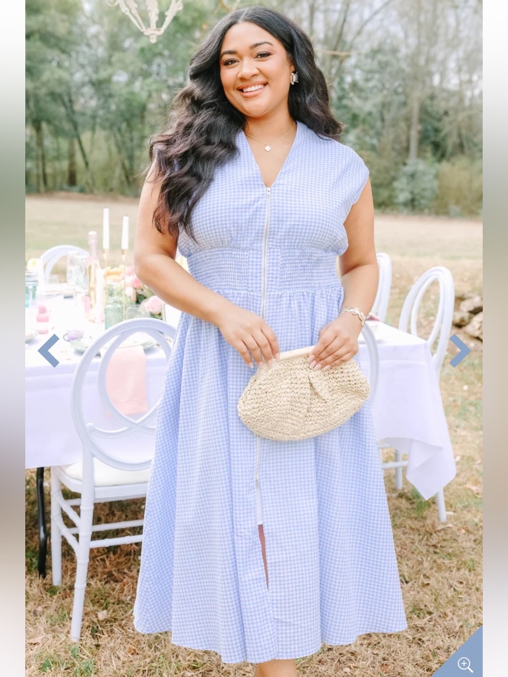 Chic Soul Late Night Skies Light Blue Gingham Zip-Front Midi Dress